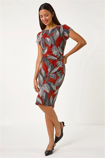 Red Stretch Leaf Print Gathered Shift Dress