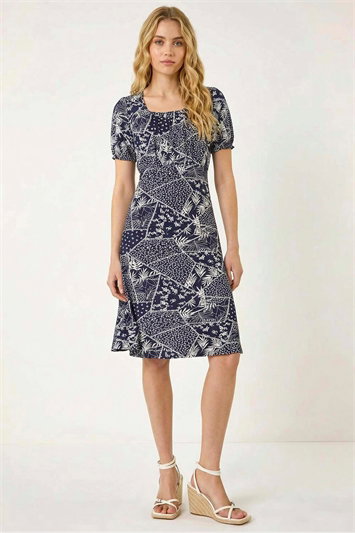 Blue Patch Print Gathered Stretch Dress