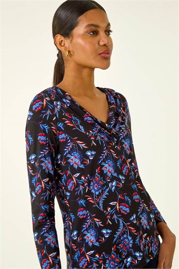 Blue Floral V-Neck Stretch Top