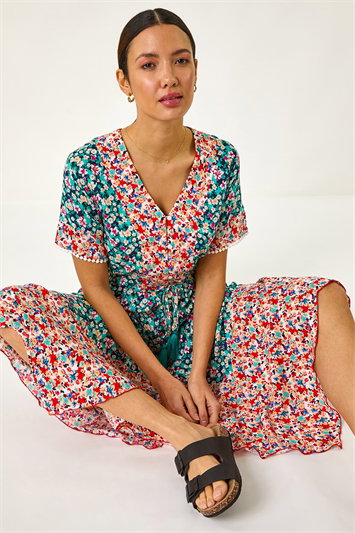 Blue Floral Mix Print Midi Dress