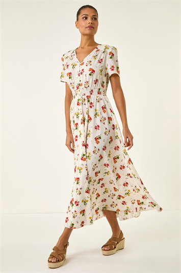 White Floral Print Buttoned Midi Dress