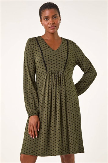 Ditsy Lace Trim V-Neck Frill Dress 14626940