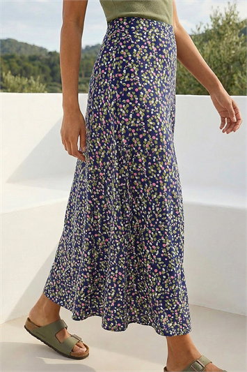 Leaf Print Stretch Midi Skirt 17078060