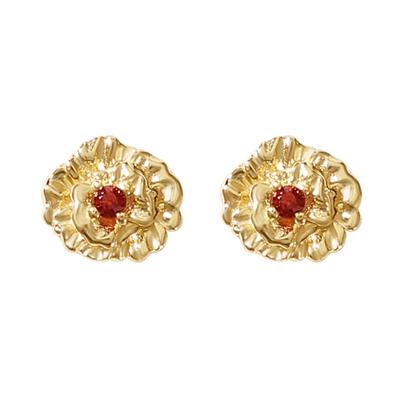 Metallic Garnet January Birthstone Carnation Birthflower Stud Earrings