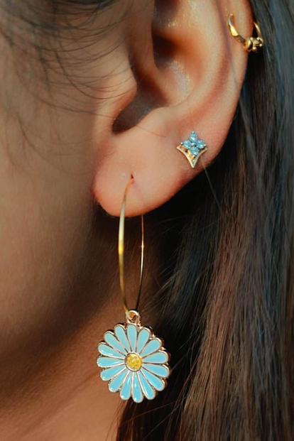 White Multicolour Sunflower 30Mm Boho Hoop Earrings