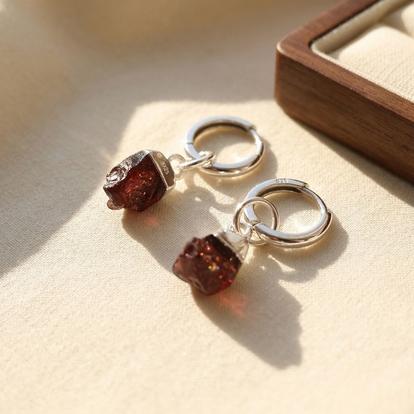 Red Raw Garnet January Birthstone Sterling Silver Huggies