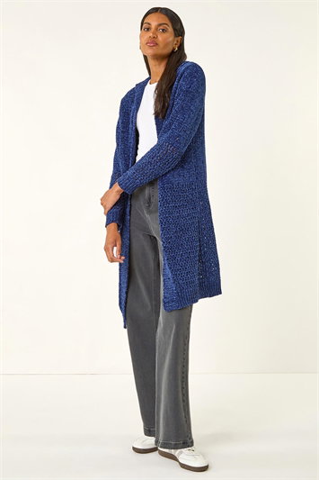 Blue Soft Chenille Hooded Cardigan