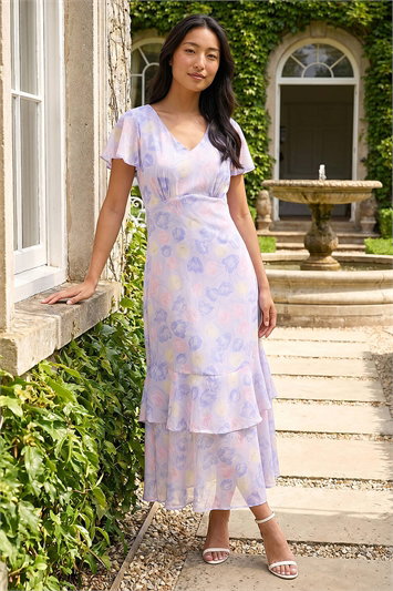 Petite Floral V-Neck Frill Midi Dress 14867548
