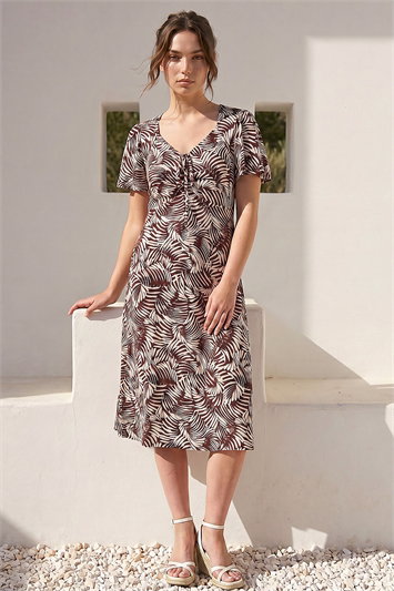 Brown Petite Abstract Print Stretch Midi Dress