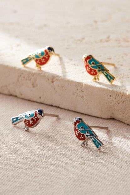 Metallic Bullfinch Birds S925 Sterling Silver Stud Earrings