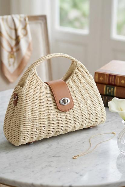 Cream Beige Woven Top Handle Handbag - Forest