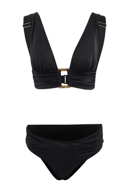 Black Triangle Bikini Set With Accessory Detail And High Waist Bottoms