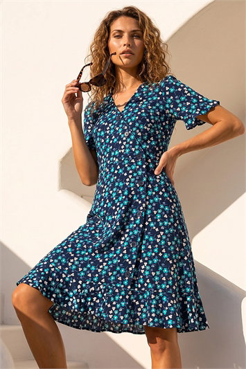 Blue Floral Side Button Dress