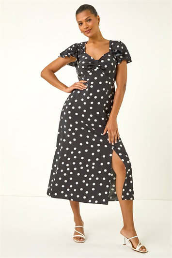 Black Polka Dot Sweetheart Neck Midi Dress