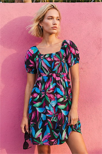 Multi Leaf Print Shirred Short Dress