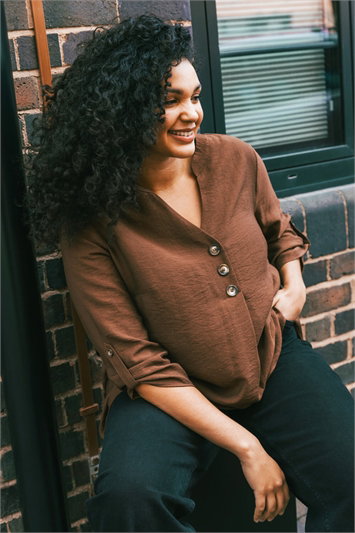 Brown Curve Textured Buttoned Tunic Top