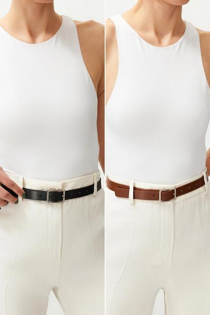 Multi Double Pack Square Buckle Slim Women’S Belt Set