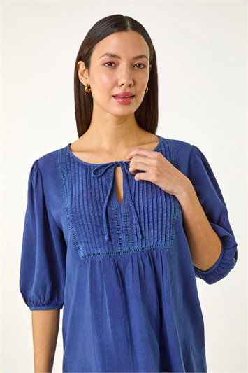 Blue Pleated Tie Neck Top