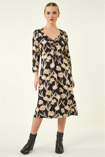 Petite Floral Gathered Stretch Midi Dress 14898408