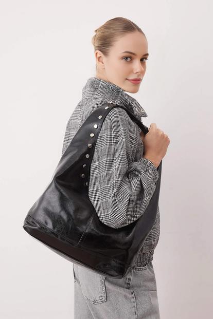 Black Oval Medium Shoulder Bag With Stud Detail
