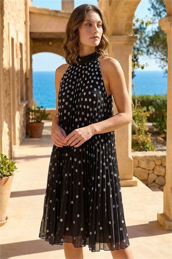 Petite Polka Dot Halter Neck Pleat Dress 14708608