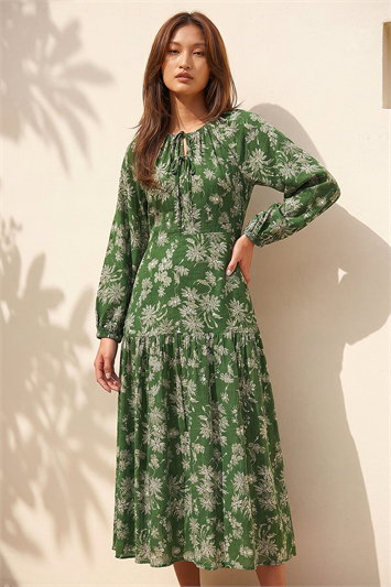 Green Floral Keyhole Tie Midi Dress