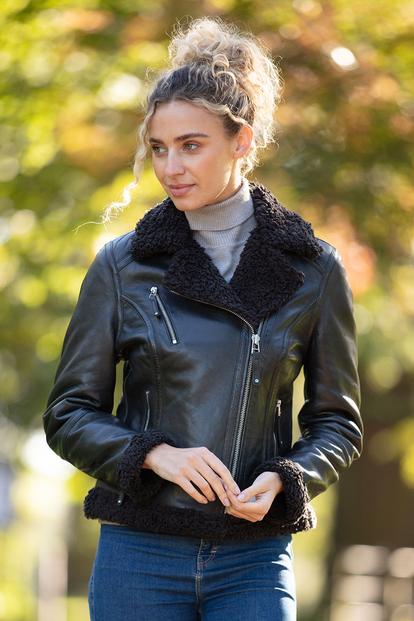 Black '2418' Ladies Leather Biker Jacket With Faux Fur