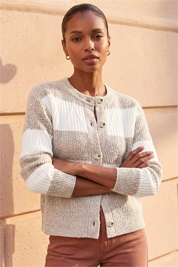 Cream Stripe Buttoned Knit Cardigan