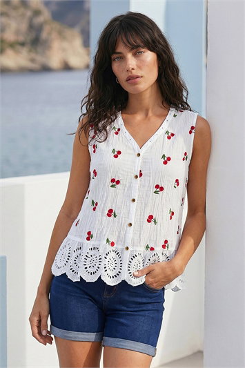 Red Cherry Print Crinkle Button Up Blouse