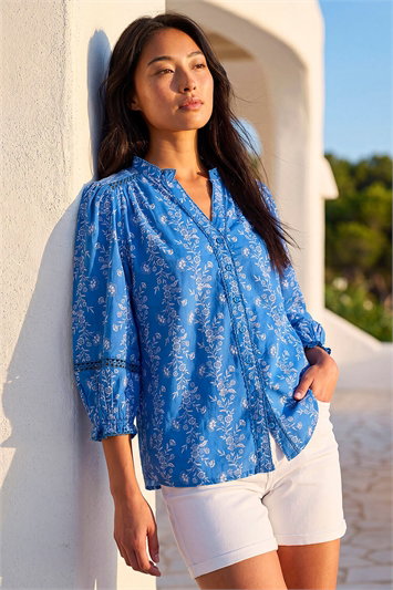 Blue Petite Floral Button Up Blouse