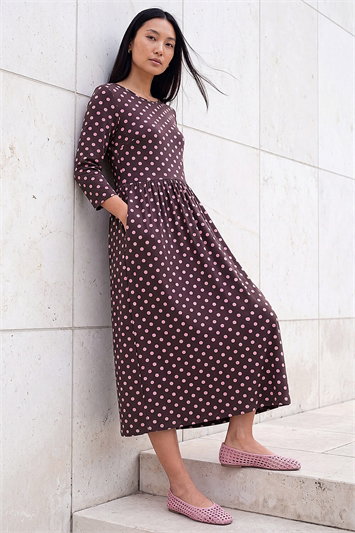 Pink Polka Dot Print Pocket Dress