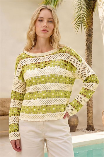 Green Floral Stripe Crochet Knit Jumper