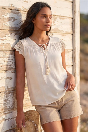 Satin Crochet Tie Front Tunic Top 20263624