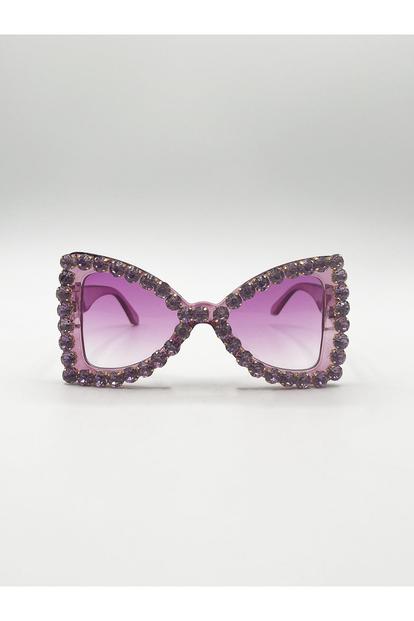 Purple Oversized Triangular Crystal Gem Sunglasses In Purple