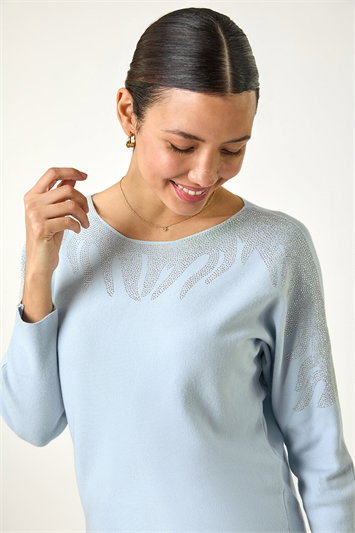Blue Embellished Neck Knit Jumper