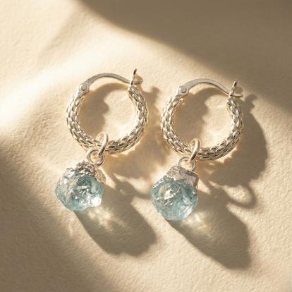 Metallic Raw Aquamarine March Birthstone Huggie Hoops Gold Vermeil Plated Gemstone Earrings