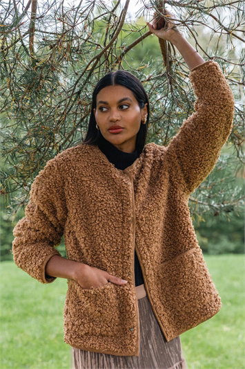 Brown Faux Fur Borg Front Pocket Jacket