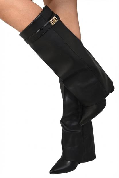 Myla Skirted Fold Over Buckle Pointed Toe High Boots M000016346
