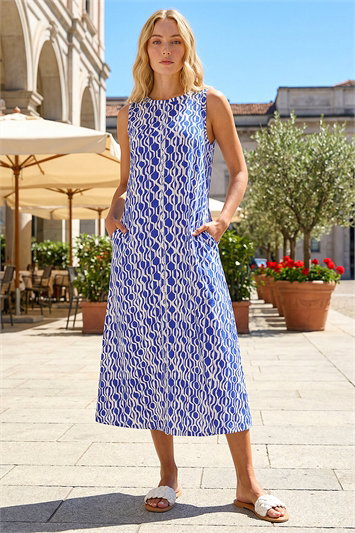 Blue Geo Print Pocket Midi Dress