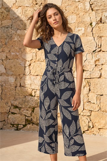 Blue Petite Leaf Print Stretch Jumpsuit