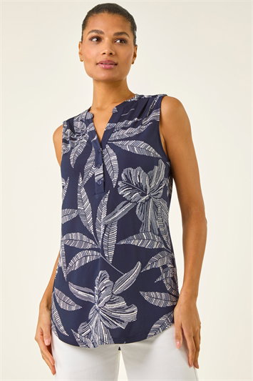 Blue Floral Puff Print Stretch Vest