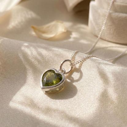 Green Mini Heart Silver Peridot August Birthstone Necklace