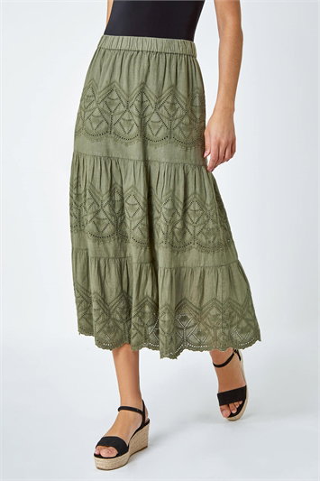 Green Broderie Elastic Waist A Line Tiered Midi Skirt
