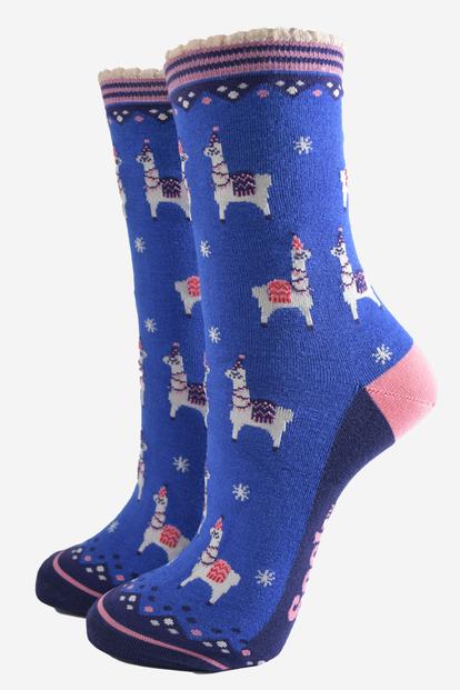 Blue Party Llamas Christmas Bamboo Socks