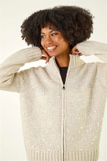 Grey Sequin Zip Knit Cardigan
