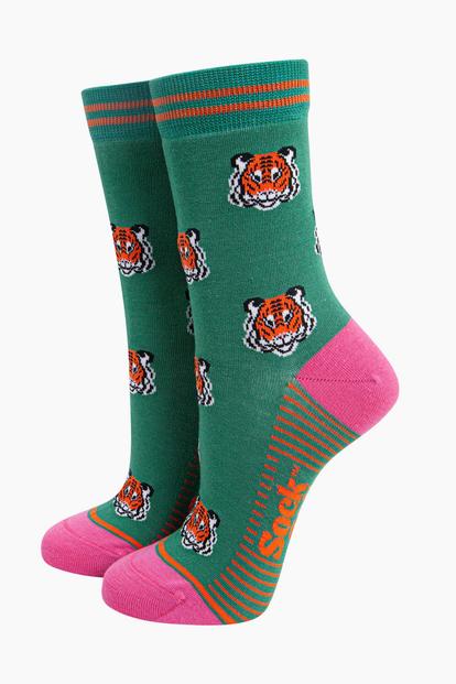 Green Tiger Faces Bamboo Socks In Green