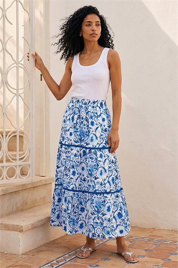 Blue Floral Print Tiered Skirt