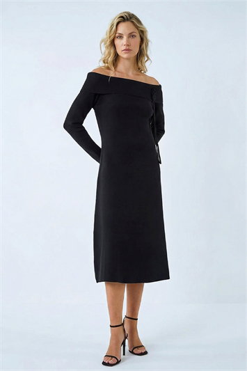 Black Floral Bardot Knit Midi Dress