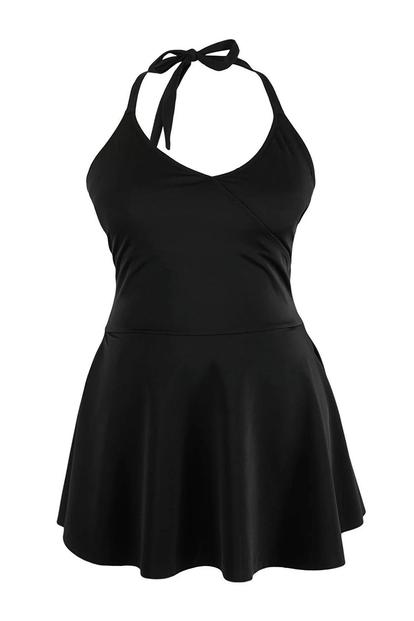 Black Halterneck Wrap Detail Flared Swim Dress
