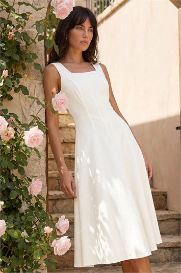 White Square Neck Midi Dress